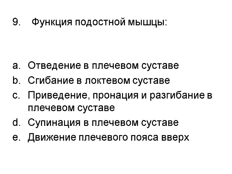 Функция подостной мышцы:  Отведение в плечевом суставе Сгибание в локтевом суставе Приведение, пронация